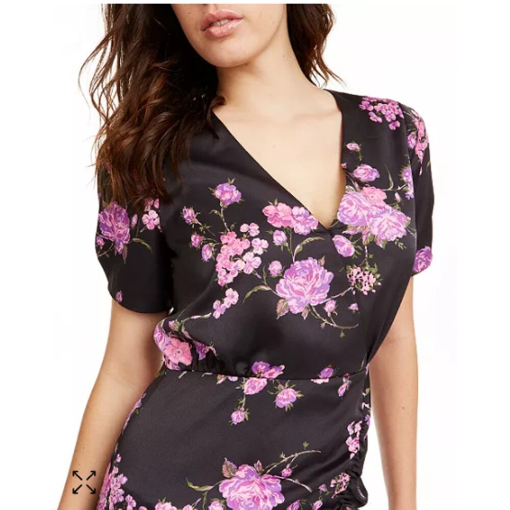 NEW LEYDEN Black Floral Satin Ruched Wrap Dress Short Sleeve Size S 3371 - Picture 4 of 14